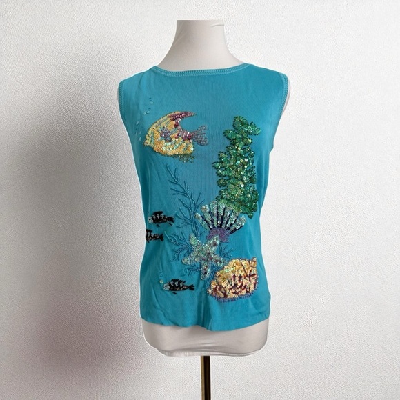 Vintage Tops - Vintage Beaded Sequin Tank Top Ocean Coral Reef Bejeweled Y2K Mermaidcore M